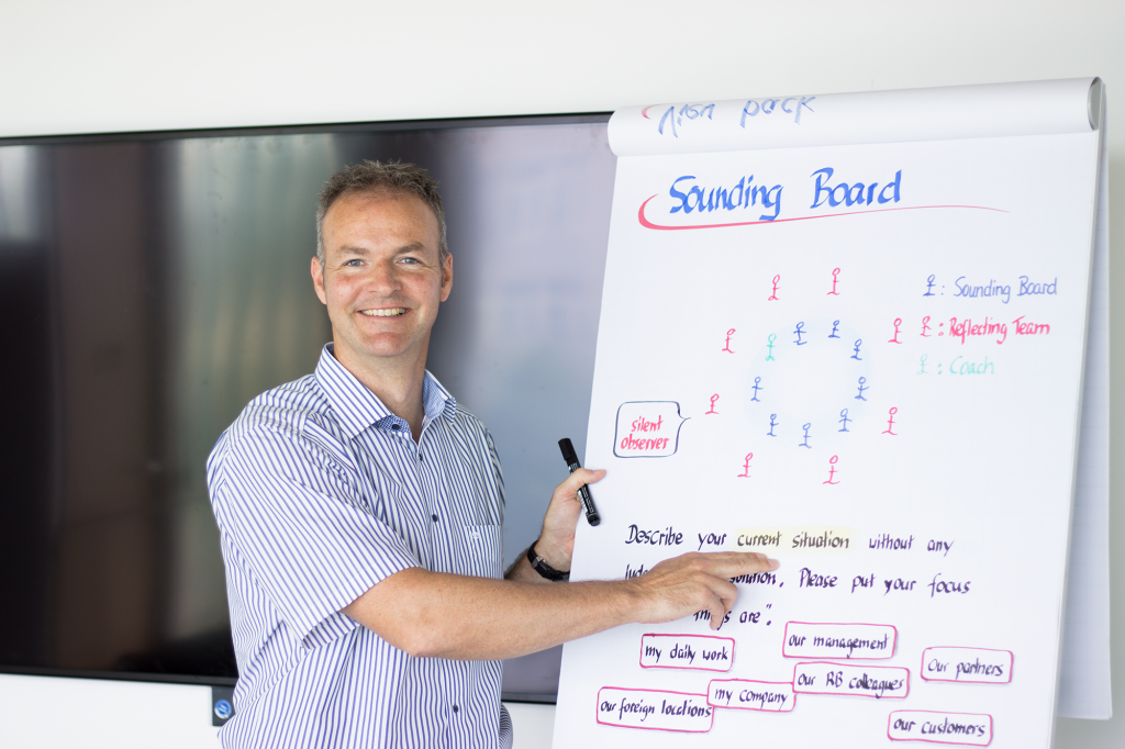 Jens Mohaupt erläutert ein Gruppensetting am Flipchart